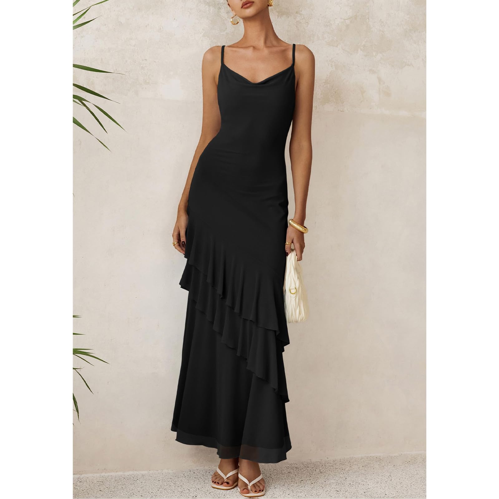 Vestito Lungo Donna Abito Sexy Spaghetti Strap Bodycon Vestito Senza Maniche Abito Maxi con Volant Elegante Vestiti Aderente Scollo a V Estivo Abiti da Cocktail Sera Festa Cerimonia