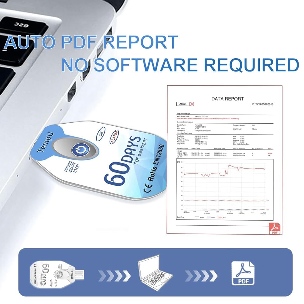 Registrador de Datos de Temperatura USB Desechable PDF Registrador de Temperatura Termómetro Registrador TempU02 60 Días para Cadena de Frío 1 Paquete