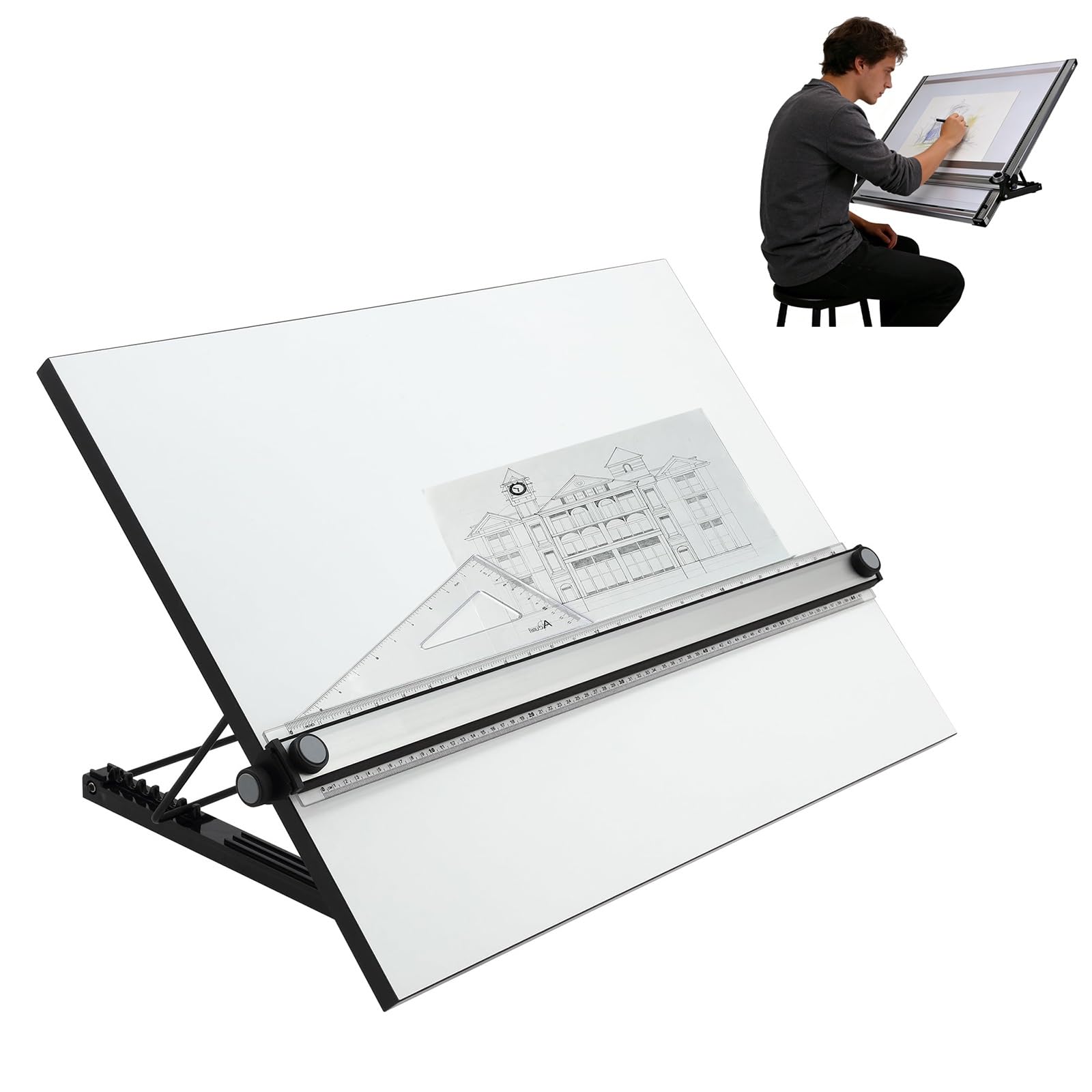 Tablero de dibujo multiángulo con regla y barra de movimiento paralelo, superficie laminada para artistas, arquitectos, diseñadores, bocetos y dibujo