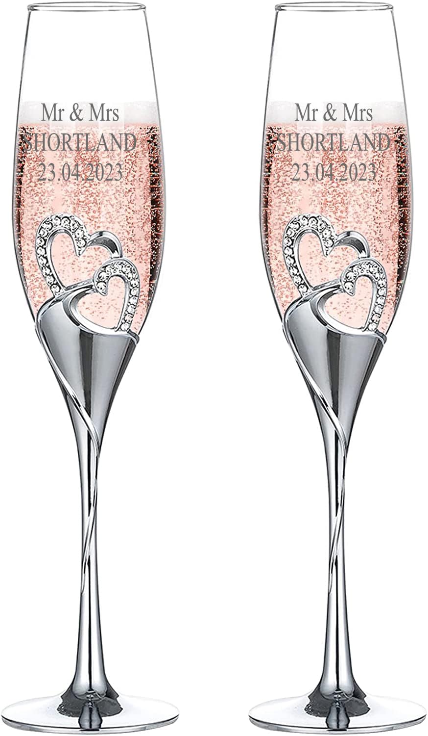 ukgiftstoreonline Personalised Double Heart Set of Two Champagne Flute with Sparkling Crystals, Glass and Crystal Material, 26cm High