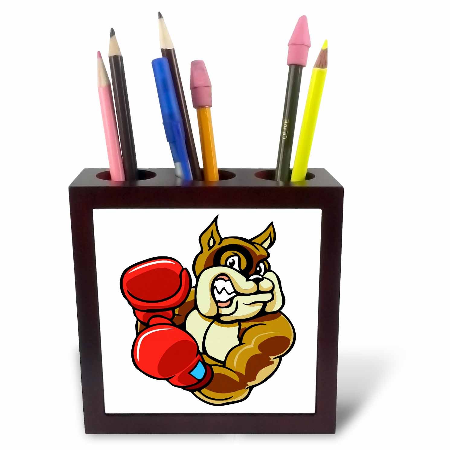 3dRose Russ Billington Designs - Fighting Boxer Dog with Gloves - Tile Pen Holders 5 inch tile pen holder