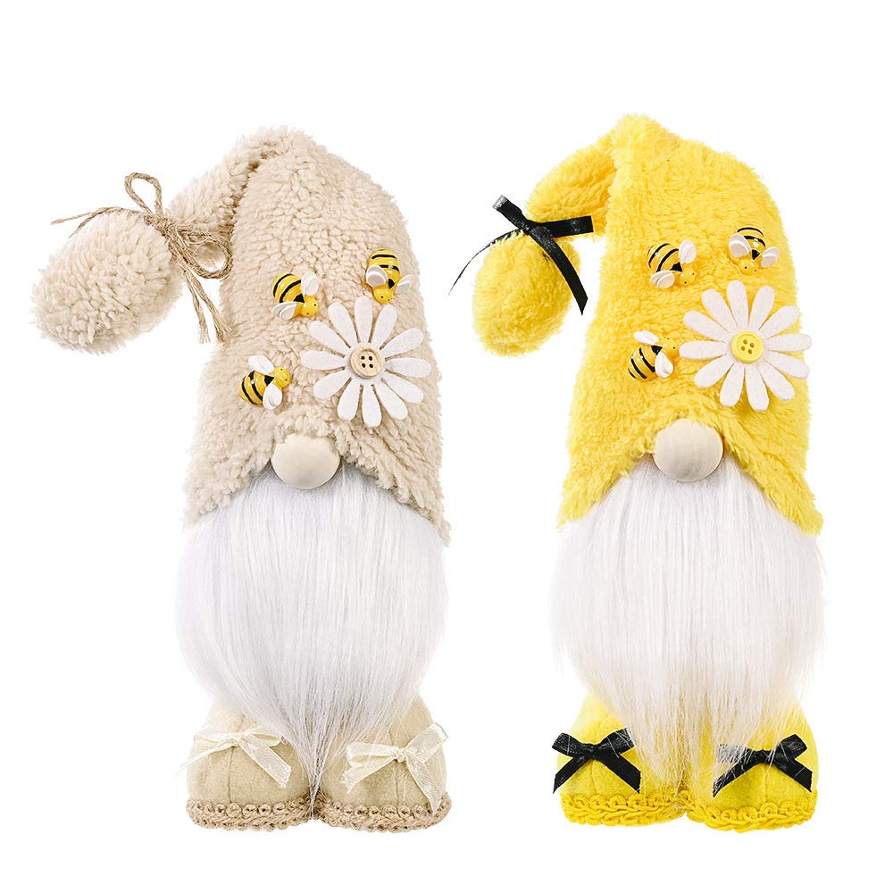 Caroanna Bumble Bee Gnomes Plush Elf Home Decor 2 Pack 10'' Yellow Honey Bee Gnomes Scandinavian Tomte Swedish Nisse for Spring Summer Home Tablettop
