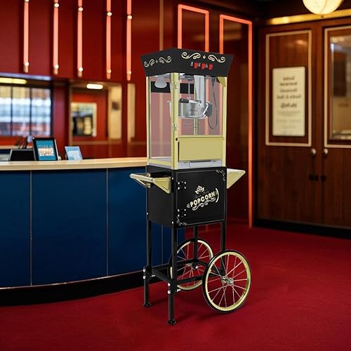 Miniatura 7 de Máquina de palomitas de maíz de 12 onzas con carrito, máquina de palomitas vintage con soporte, ruedas, hervidor de acero inoxidable, cajón de