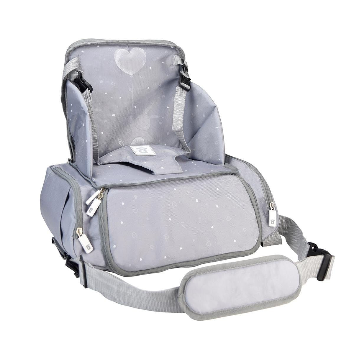 Asalvo BOOSTER SUSHI Trona Portátil Bebé para Viajes y Comidas Fuera, Tronas de Bebé Compactas con Bolsillos para Accesorios, Trona Plegable y Portátil para Bebés con Arnés de Seguridad, Gris