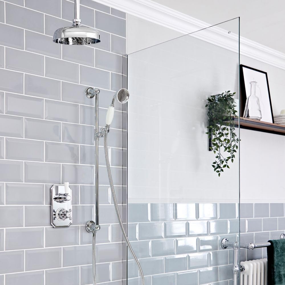 Milano Chrome & White Elizabeth Thermostatic Mixer Valve Riser Rail 205Mm Shower Head - Chrome White