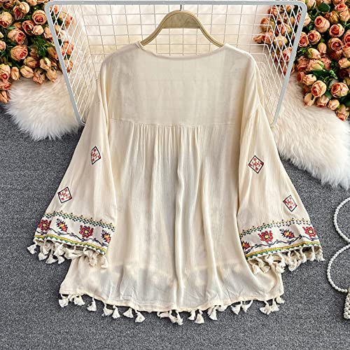 Women Bohemian Kimono Cardigan Tassel Embroidery Print Loose Beach Cover Up Floral V Neck Coat2