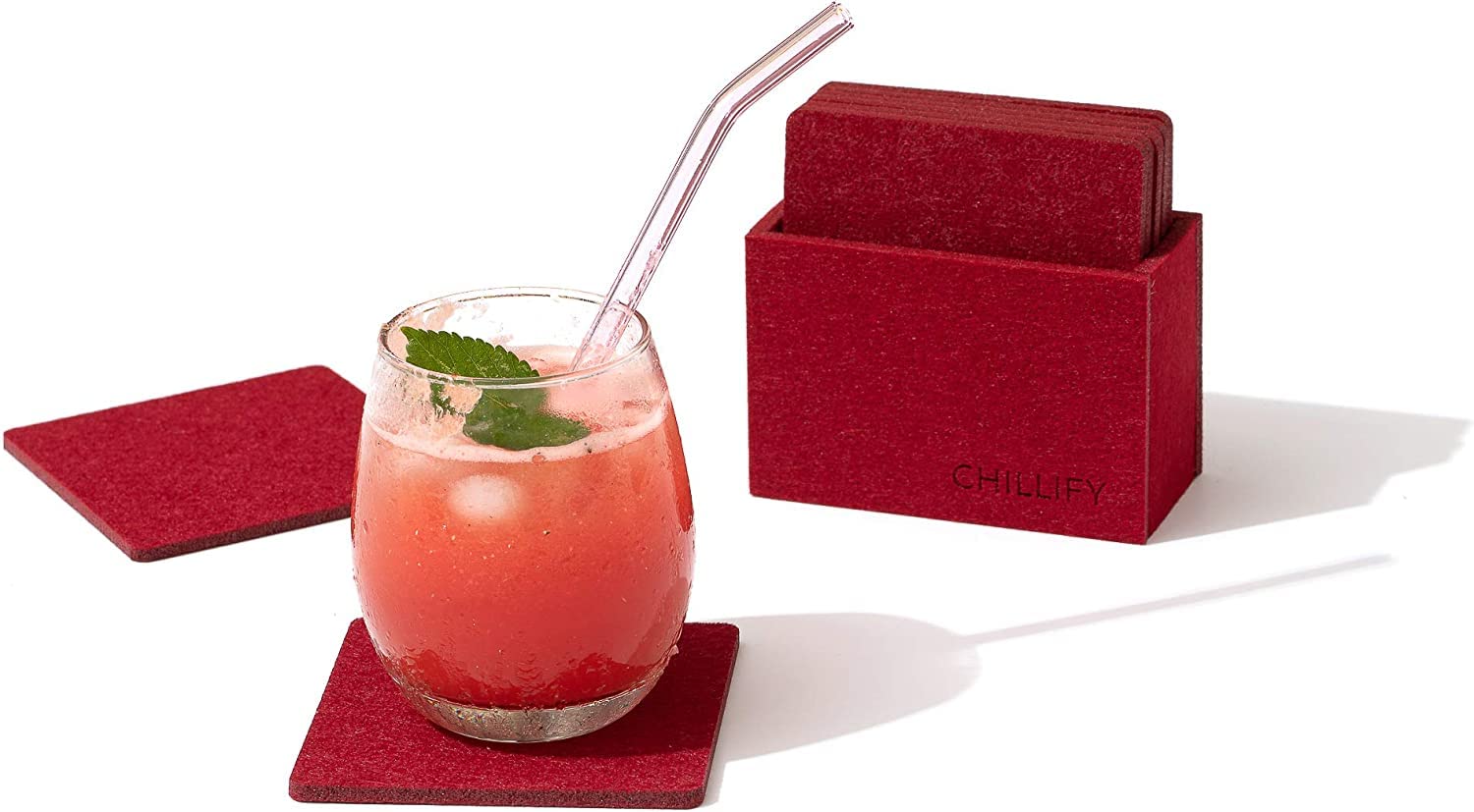 chillifyFelt Coasters for Drinks Absorbent with Holder| Non-Slip, Water Resistant, Washable | Set of 8 | red, Square | Kitchen Home Decor Gift