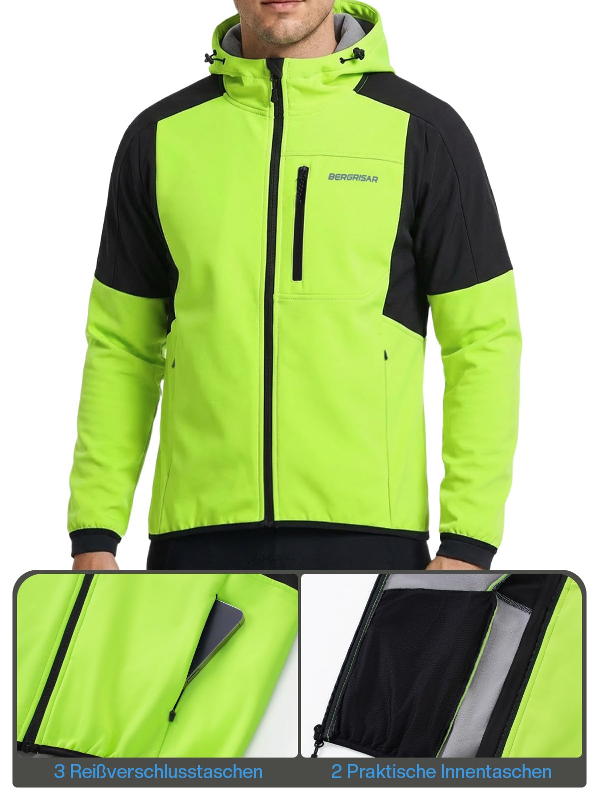 BERGRISAR Giacca da ciclismo da uomo, termica, antivento, impermeabile, traspirante, softshell con cappuccio