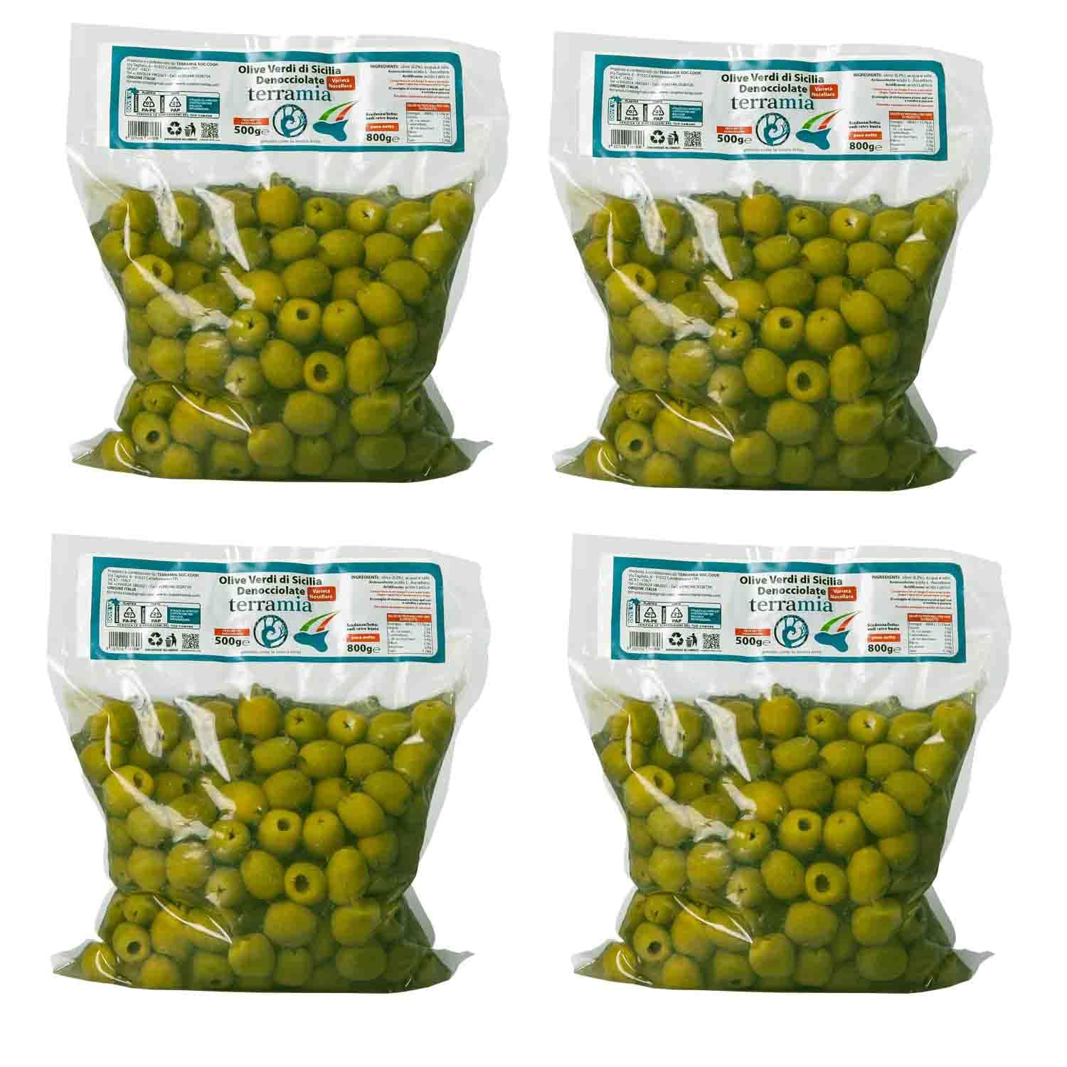 Terramia Olive Verdi Dolci di Sicilia "Nocellara" Denocciolate in Salamoia – Prodotto Artigianale da Azienda Premiata Ercole Olivario e Monna Oliva, Formato Scorta 2kg (4 Buste x 500g)