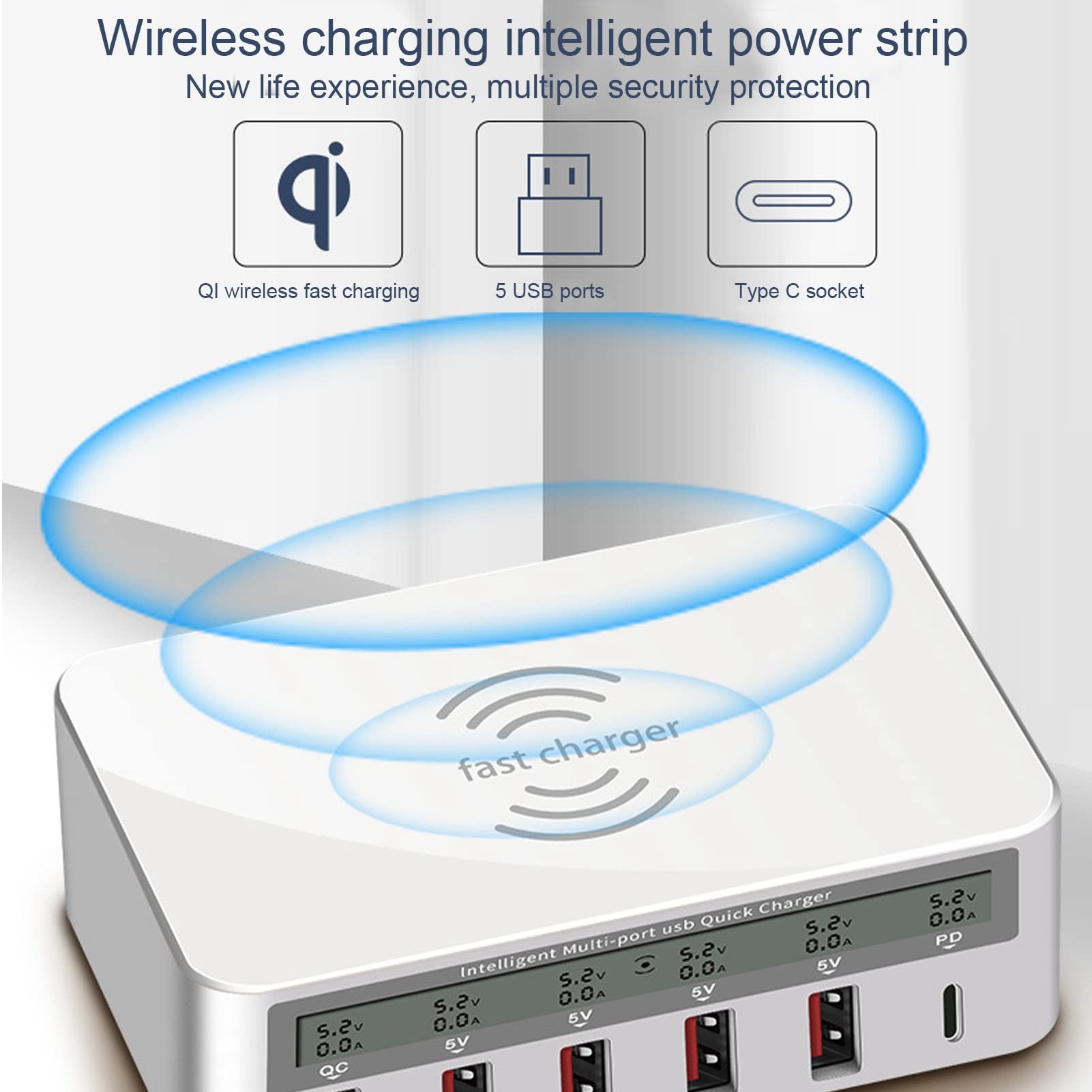 Septpenta Station de Charge Rapide 6 Ports 10 W, avec Écran LCD, Plusieurs Protections de Sécurité, Charge Plusieurs Appareils Simultanément, Chargeur Rapide sans Fil USB Portable(UE)
