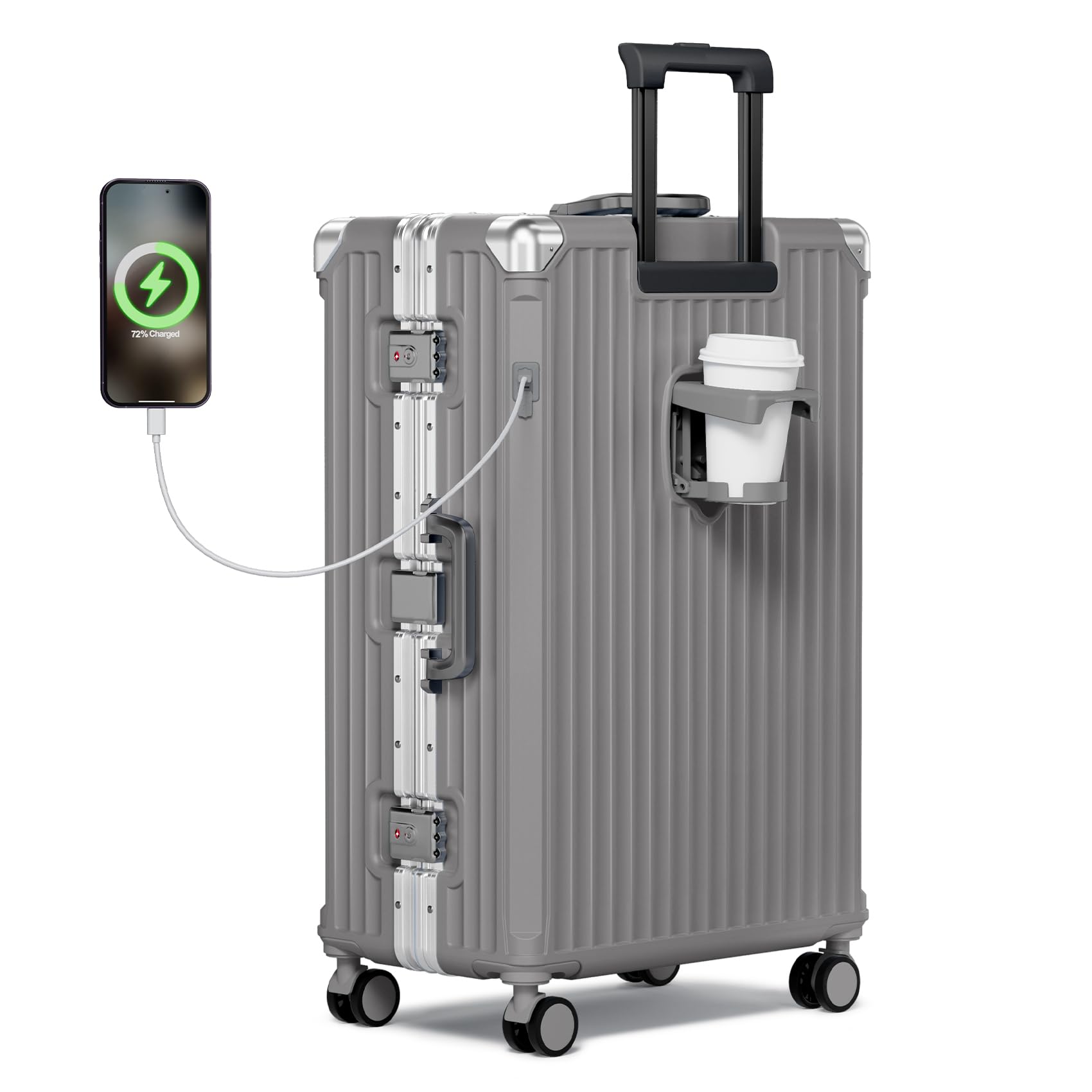 Krute Aluminum Frame Luggage 28 Inch Checked Suitcase With Wheels No Zipper PC Hard Shell Suitcases with Cup Holder and Charger Zipperless Large