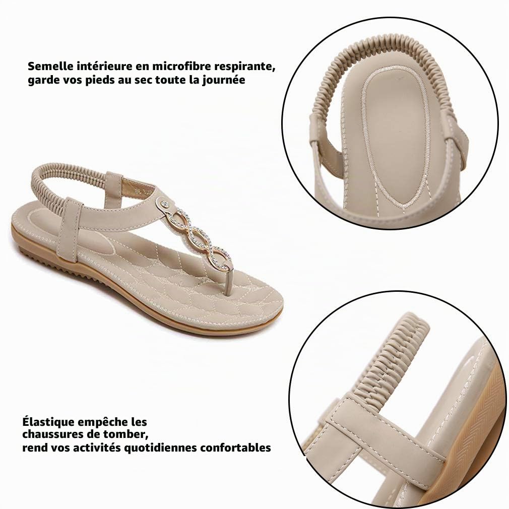 Femmes Sandales Plates Été Casual T-Strap Strass Bohème Fleur Glisser sur Les Chaussures Tongs de Plage Vacances