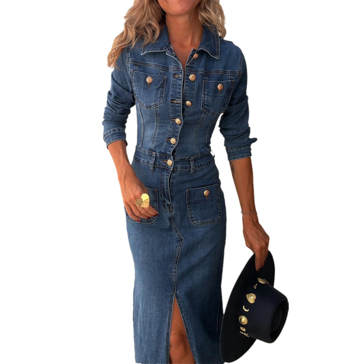 Vestito Lungo in Denim da Donna Autunno Casual Manica Lunga abbottonatura Frontale Maxi Vestito in Jeans Western Vintage Vestito con Spacco da Cowgirl