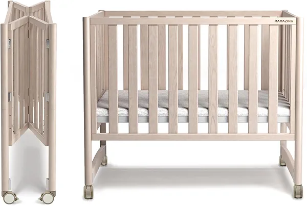 MAMAZING EvoNook 6-in-1 Convertible Mini Crib, 100% New Zealand Wood, 4 Adjustable Mattress Heights, Crib with Mattress, Washed Natural