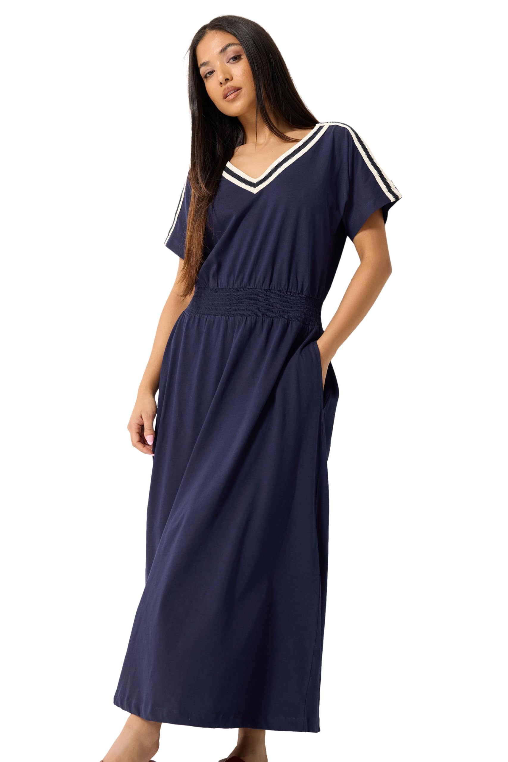 M&Co Petite Blue Woven Trim Detail Cotton Maxi Dress - Women's