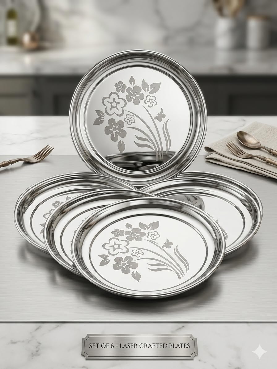 Stainless Steel Quarter Plate | Nasta Serving Plate | Floral Rajbhog thali (Quarter Plate, 6)-image-9