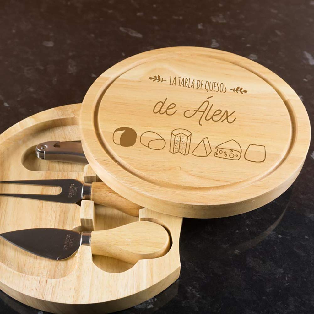 Calledelregalo Regalo Personalizado: Tabla de quesos grabada con el Nombre Que tú Quieras y Divertidos Motivos de quesos