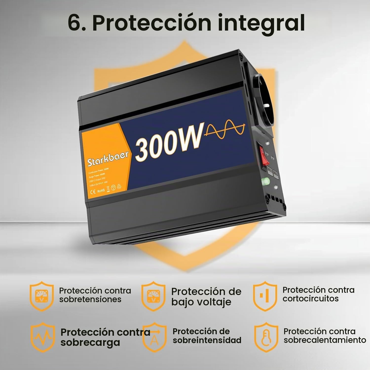 300W/600W Inversor 12V 220V Onda Pura Transformador, Inversor para coche, convertidor de corriente con 4 puertos USB y 1 salida CA. Fuente de alimentación al aire libre, aleación de aluminio