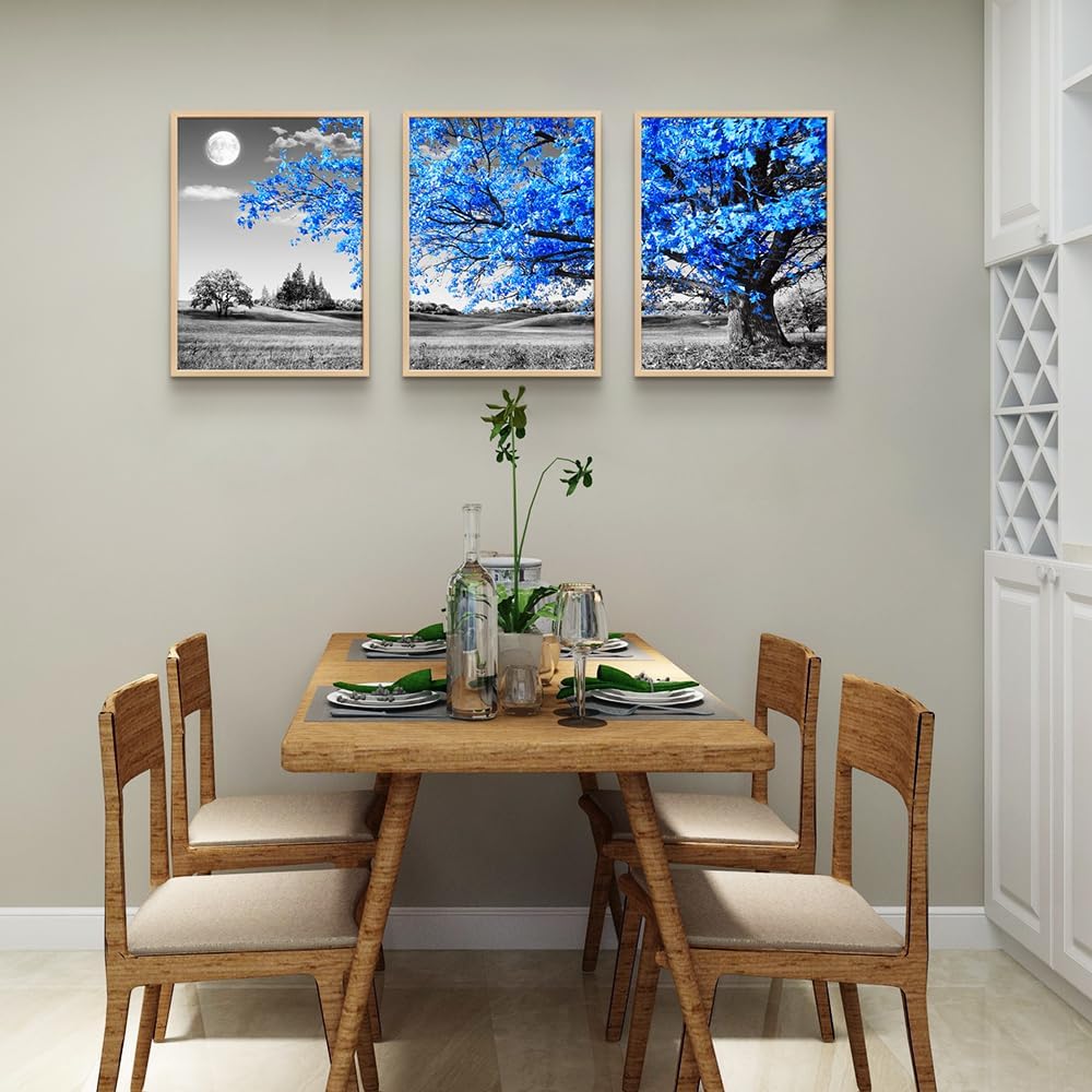 Blue Trees and Moon Landscape Canvas Print Set