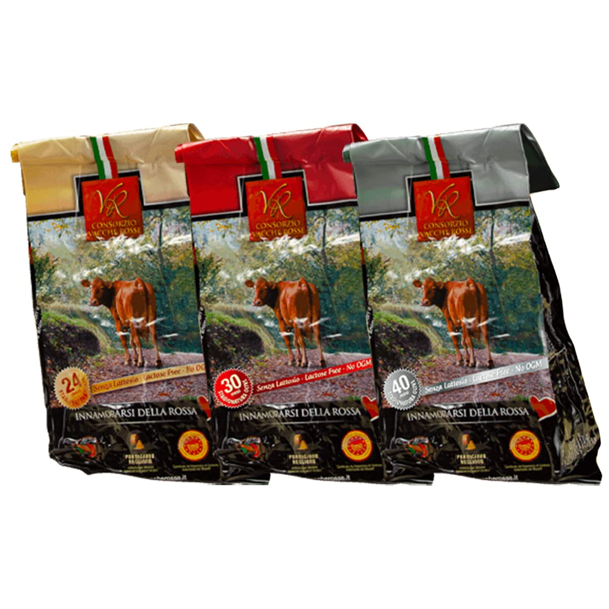 Consorzio Vacche Rosse - Parmigiano Reggiano DOP Rote Kühe - 3 Gewürze, 24, 30 und 40 Monate - 3 x 1 Kg