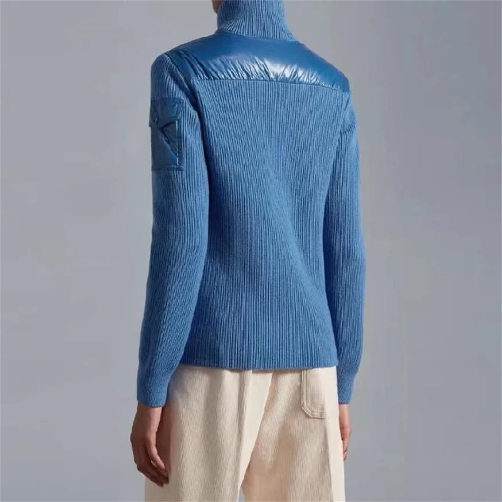 Fall Women's Down Sweater Patchwork Design Jacket Zipper Knit Cardigan Padded Winter Coat