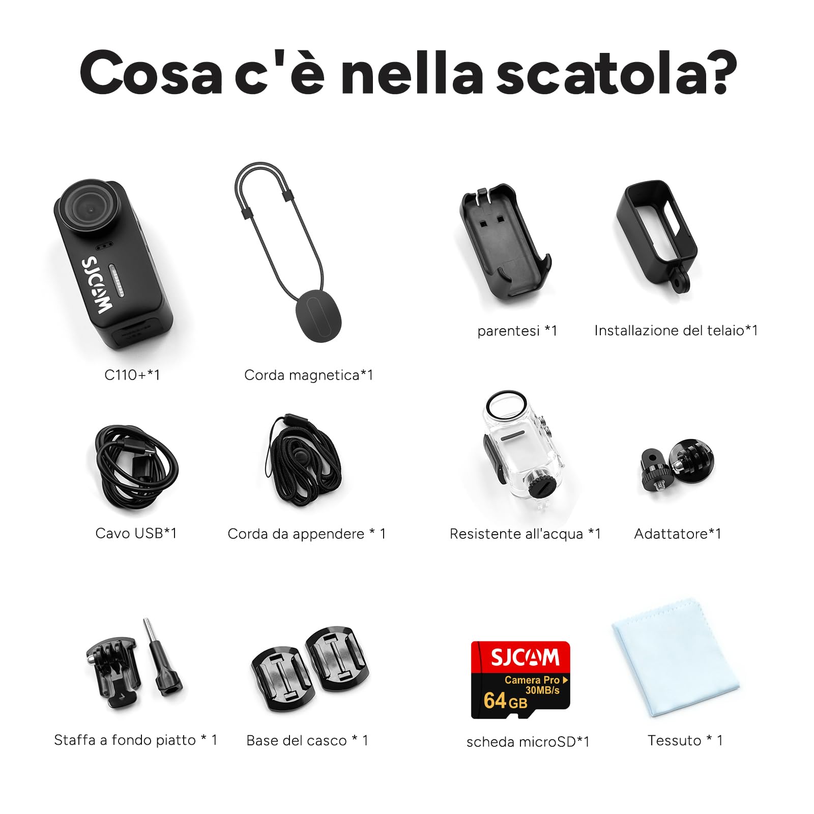 SJCAM C110 Mini Action Cam 4K Bodycam Magnetica, Scheda MicroSD 64GB Inclusa, Autonomia 200 Min, Stabilizzazione EIS, Grandangolo 135°, Zoom 8x, Subacquea 30M, Combo Kit per Vlogging e Viaggi, Solo 5G