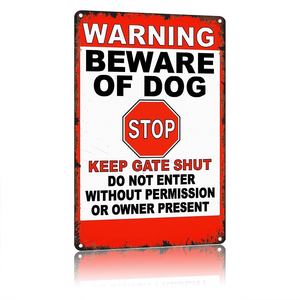 peiyeety WARNING BEWARE OF DOG STOP KEEP GATE SHUT DoEnter Without Permission Vintage 12X8 Inch Aluminum Metal Sign, Retro Rustproof Wall Decor for Outdoor Fence Yard Garden Gate