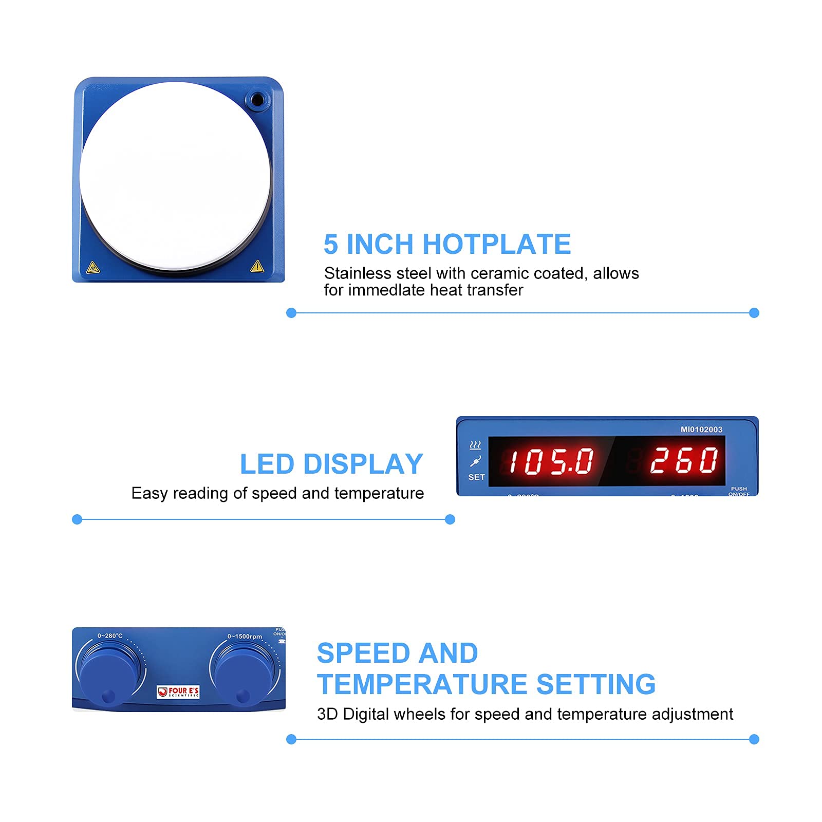 Mieszadło Magnetyczne z Płytą Grzejną 100-1500rpm Mieszadła Magnetyczne 280°C 5L, z Czujnikiem PT1000 Wyświetlacz LED 135mm Magnetic Stirrer with Hot Plate