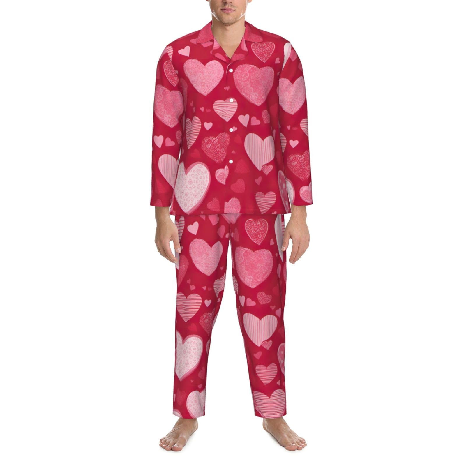 Herren-Pyjama-Set, langärmelig, mit Valentinstag-Aufdruck, zweiteilig, Hauskleidung, bequeme Nachtwäsche