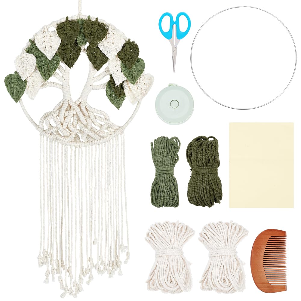 Kit ORIGACH de tapisserie murale en macramé - Motif arbre de vie - Feuilles blanches et vertes - Fait à la main - Pour adultes débutants - Avec instructions (français)