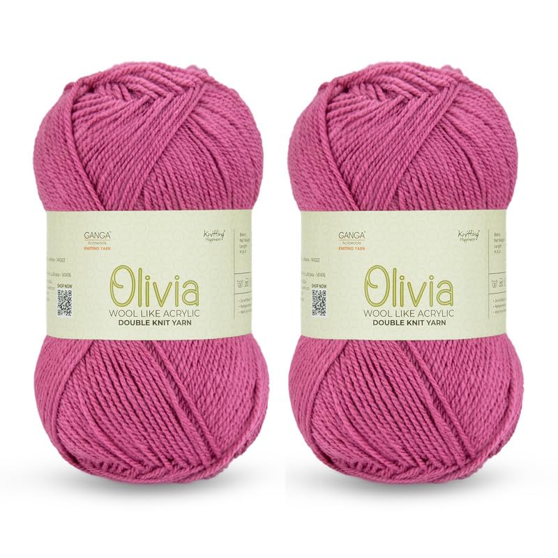 Image of Ganga Acrowools Acrylic Olivia, Double Knit Yarn. Hand Knitting and Crochet Yarn. Oekotex Class 1 Certified. Pack of 2 Balls - 100Gms Each.Shade No -OLV054 Rasberry Rose