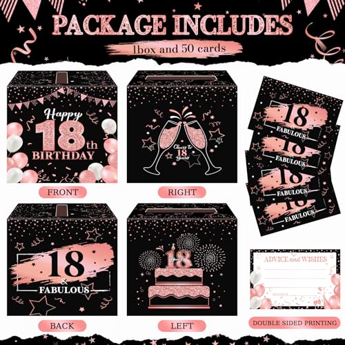 Image of Funrous 18th Birthday Party Message Card Box Cheers to 18 Years Black Rose Gold Advice and Wishes Greeting Card Box for Girls Women Birthday Decorations Party Supplies Anniversary Tables Sign Decor