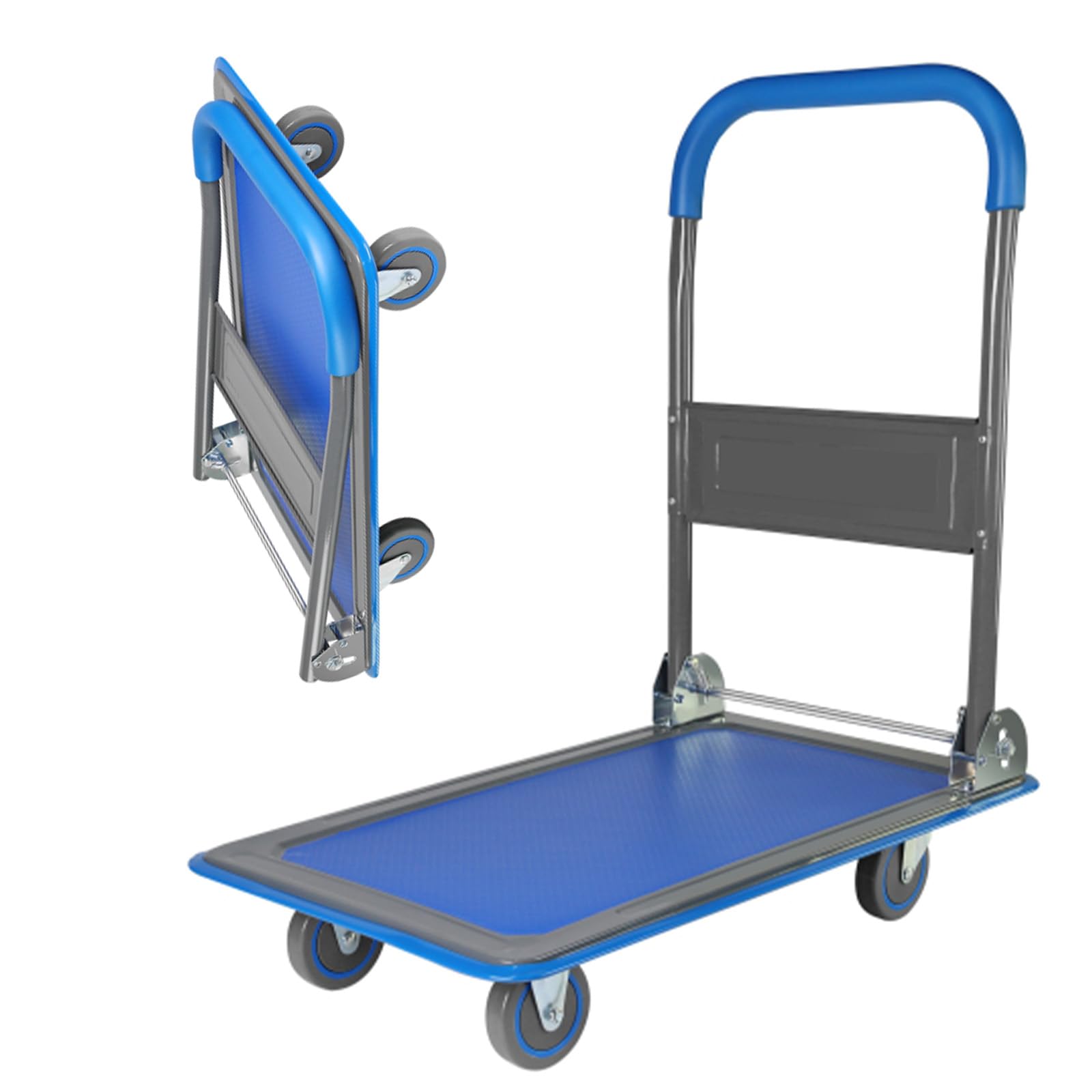 Foldable Push Cart Platform Cart 330lbs Capacity, Heavy Duty Steel Platform Truck Cart, 360 Degree Swivel 4 Wheels, Small Flatbed Hand Cart (Blue)