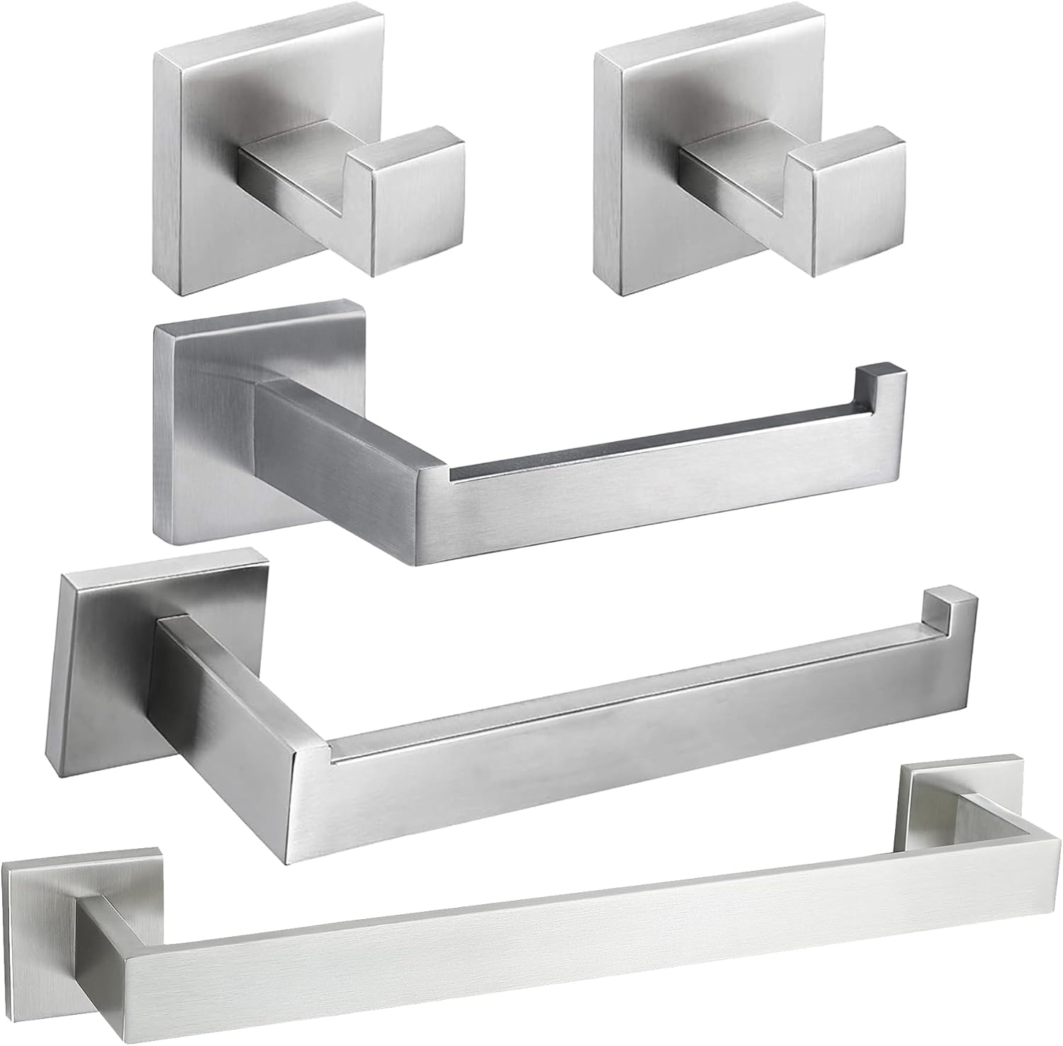 Nolimas 5 Pieces Brushed Nickel Bathroom Hardware Set SUS304 Stainless Steel Square Wall Mounted Including Towel Shelf Single Layer, Toilet Tissue Holder, Robe Towel Hooks,16Inch Towel Bar
