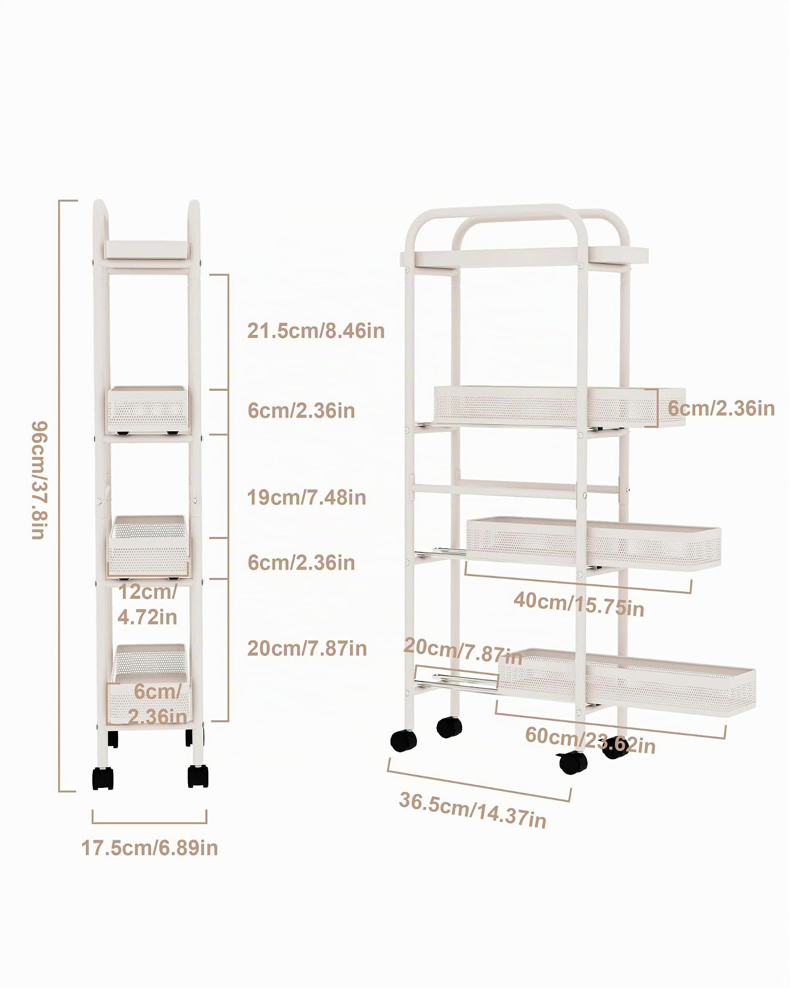 UMDONX Carrello Cucina con Ruote Stretto con Cassetti Estraibili,Bianco | Carrello Cucina Salvaspazio Portaoggetti a 4 Livelli in Metallo,Carrello di Servizio Sottile con Ruote per Cucina Bagno