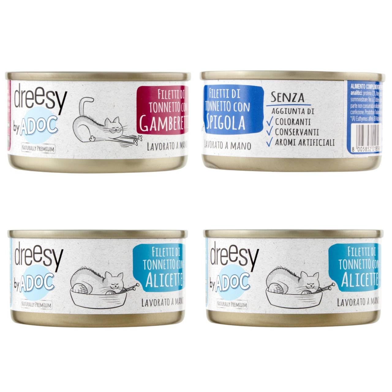 ADoC Cat Gatto Cibo Umido per Gatti SHELTER MIX MARE 24 Lattine DA 85 gr varietà di ricette di tonnetto: 12 Alicette BIANCHETTI, 8 GAMBERETTI, 4 SPIGOLA
