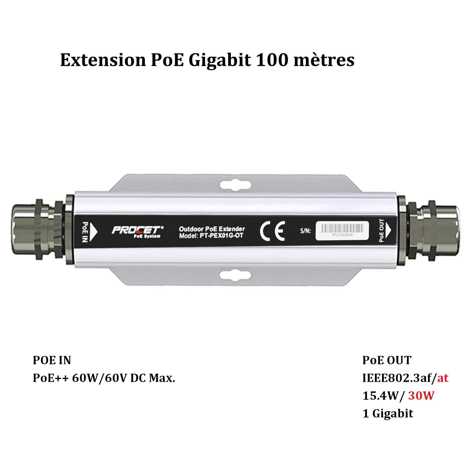 PROCET Répéteur PoE Gigabit extérieur, jusqu'à 30W PoE+ avec Protection Contre Les surtensions 6kV, Plage de températures de -40 °C à 65 °C, Extension de 100 mètres, étanchéité IP67