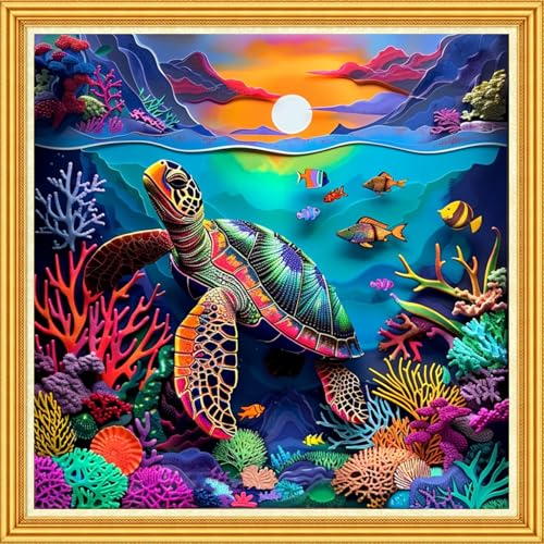 Image of Joyhoor Stamped Cross Stitch Kits for Beginners Needlepoint Kits for Adults Embroidery Kits 11CT Counted Cross Stitch Kits Printed Embroidery Pattern-Sunrise Colorful Sea Turtle 18x18 inch