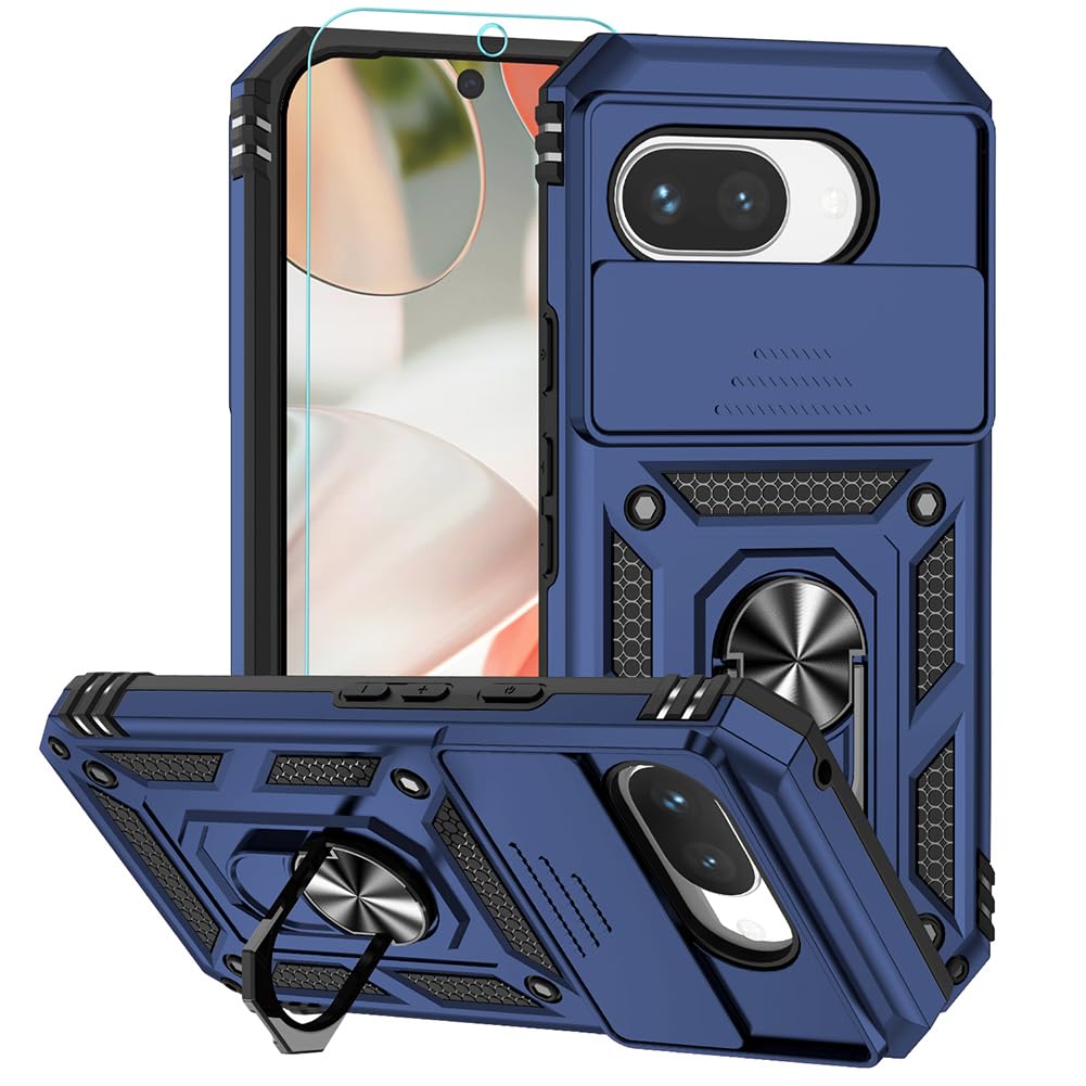 - for Google Pixal 9a Case, Silicone Rubber Bumper Hard Plastic Phone Case with [Sliding Camera Lens Cover] [360° Rotatable Kickstand Ring] [HD Screen Protector] for Google Pixal 9a Blue