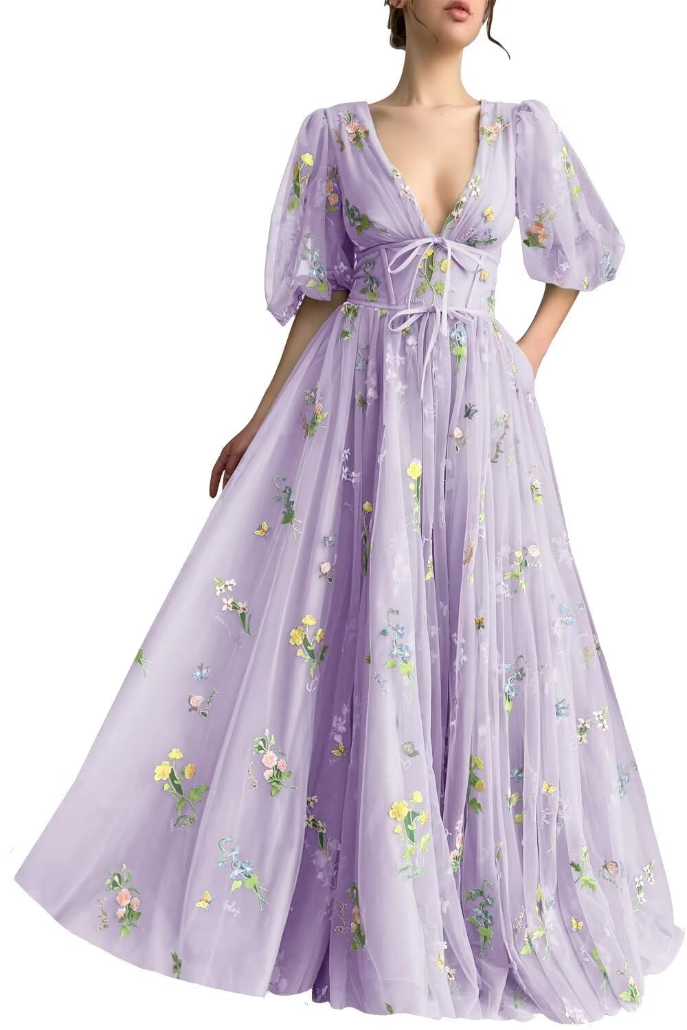 Yiann Women's Lavender Flowers Embroidery Tulle Prom Dress Puffy Sleeves A Line Long Homecoming Dress For Juniors For Uk22