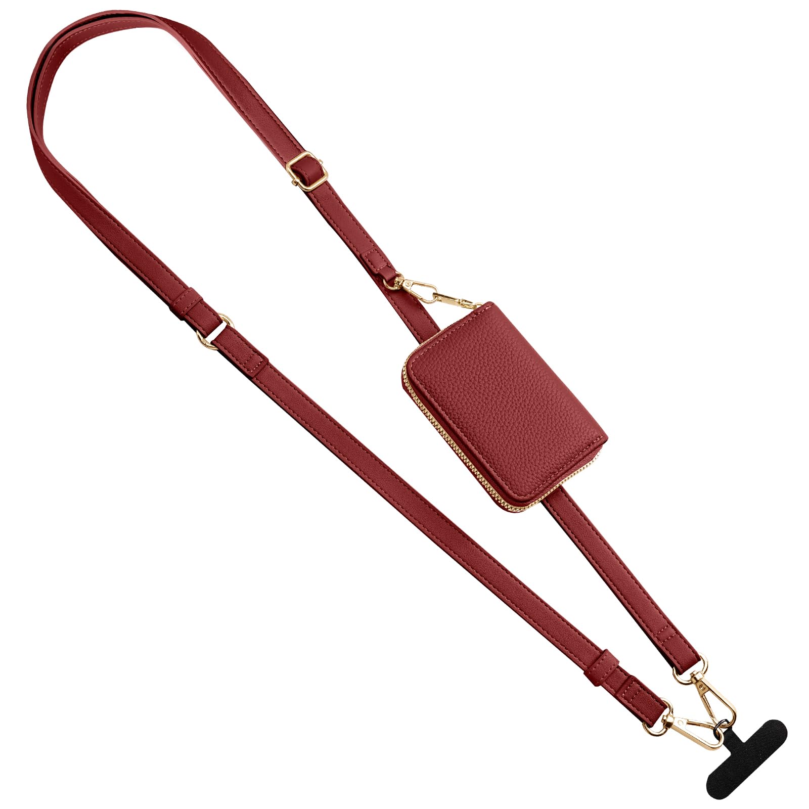 Timovo Unisex Kids Dark Red Clip & Go Strap Phone Lanyard, Cell Phone Tether With Leather Wallet Pouch, Universal Crossbody Lanyard Adjustable Neck Strap Compatible With Most Smartphones,