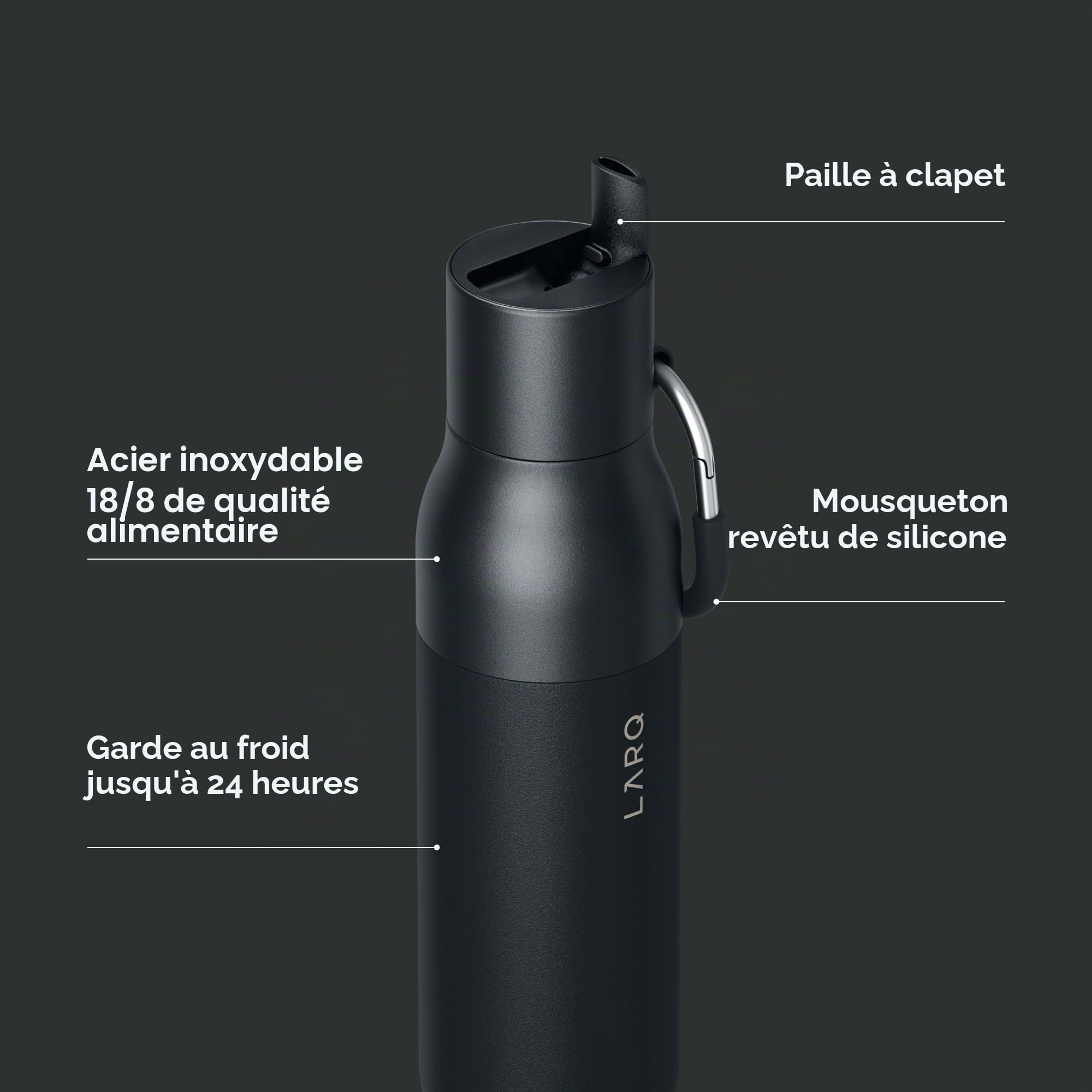 LARQ Bouteille Flip Top 740ml - Bouteille isolée en acier inoxydable | Thermos, sans BPA | Garde les boissons froides et chaudes, Obsidian Black