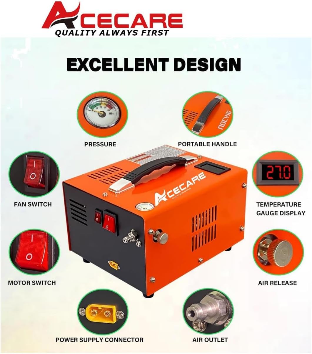 Acecare PCP Air Compressor 4500Psi High Pressure Air Compressor PCP Air Pump 12v/110v Auto-stop Electric 30Mpa for PCP Rifle Paintball Scuba Tank Filling (12v Orange Compressor)