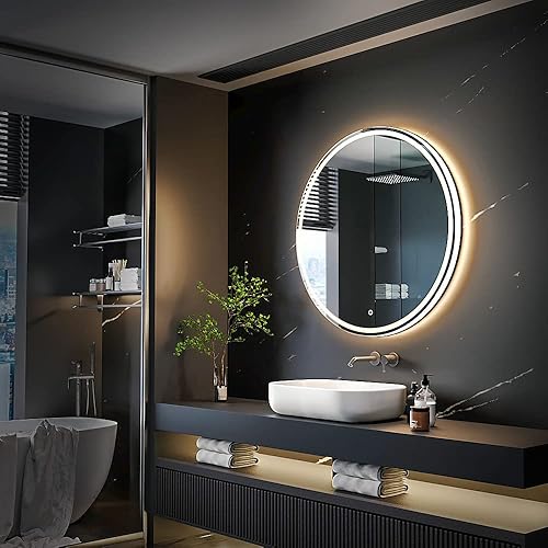 Miniatura 7 de KWW Espejo de tocador redondo LED grande de 24 pulgadas, temperatura de color ajustable, luces regulables antivaho y regulables, fácil de instalar,
