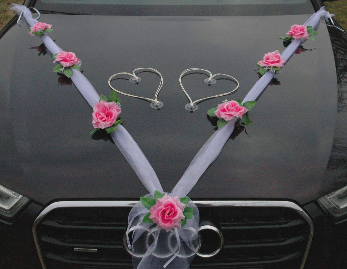 ORGANZA M + HERZEN Braut Paar Rose Deko Dekoration Autoschmuck Hochzeit Car Auto Wedding Deko Ratan Girlande ®Auto-schmuck PKW (Rosa/Weiß/Weiß) - Image 3