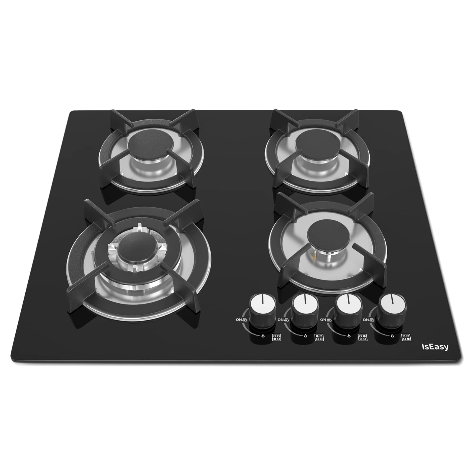 IsEasy Piano Cottura a Gas 4 Fuochi, Vetro con Protezione Termica Automatica, Gas Naturale e Propano, Gas on Glass 60cm da Incasso