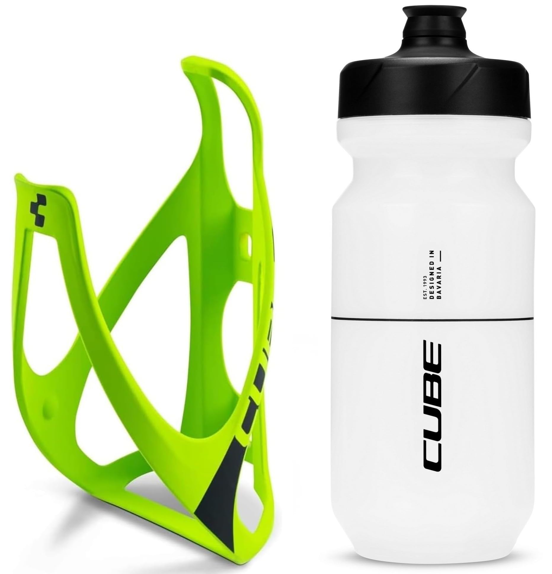 Cube HPP Cage - Neon Green/Black & Flow Bottle - Clear, 500ml / Pair Kit Set Hydration Hydrate Drinking Drink Water Bidon Vessel Flask Holder Mount Bracket Bicycle Cycling Cycle Bike Accessories โ image 1