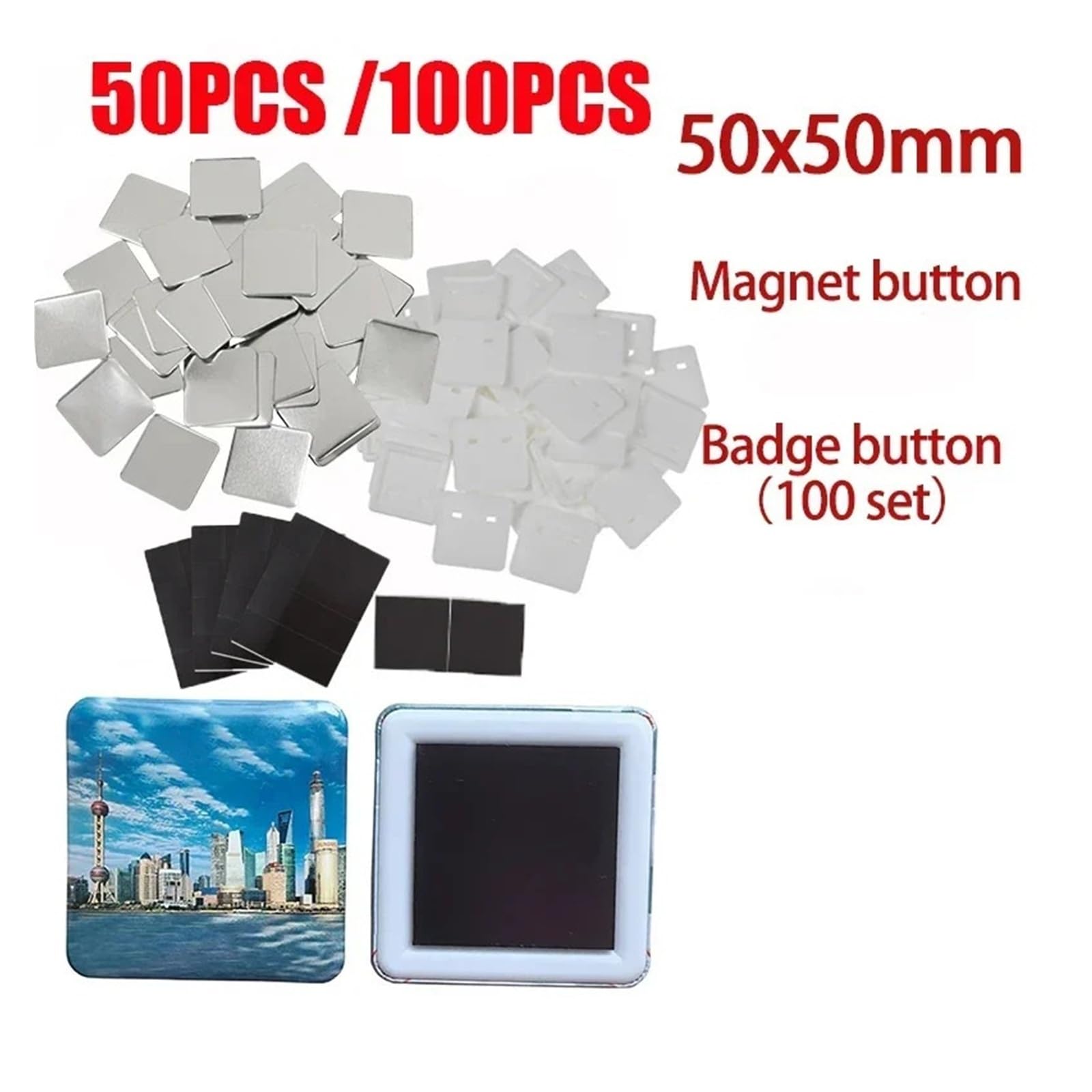 Kwadratowy, pusty przypinka DIY, materiał na przypinkę, 50x50 mm, magnesy lodówkę, części do produkcji przypinek, materiały prasy dziurkującej Na imprezy, wydarzenia sportowe(100PCS 50x50cm)
