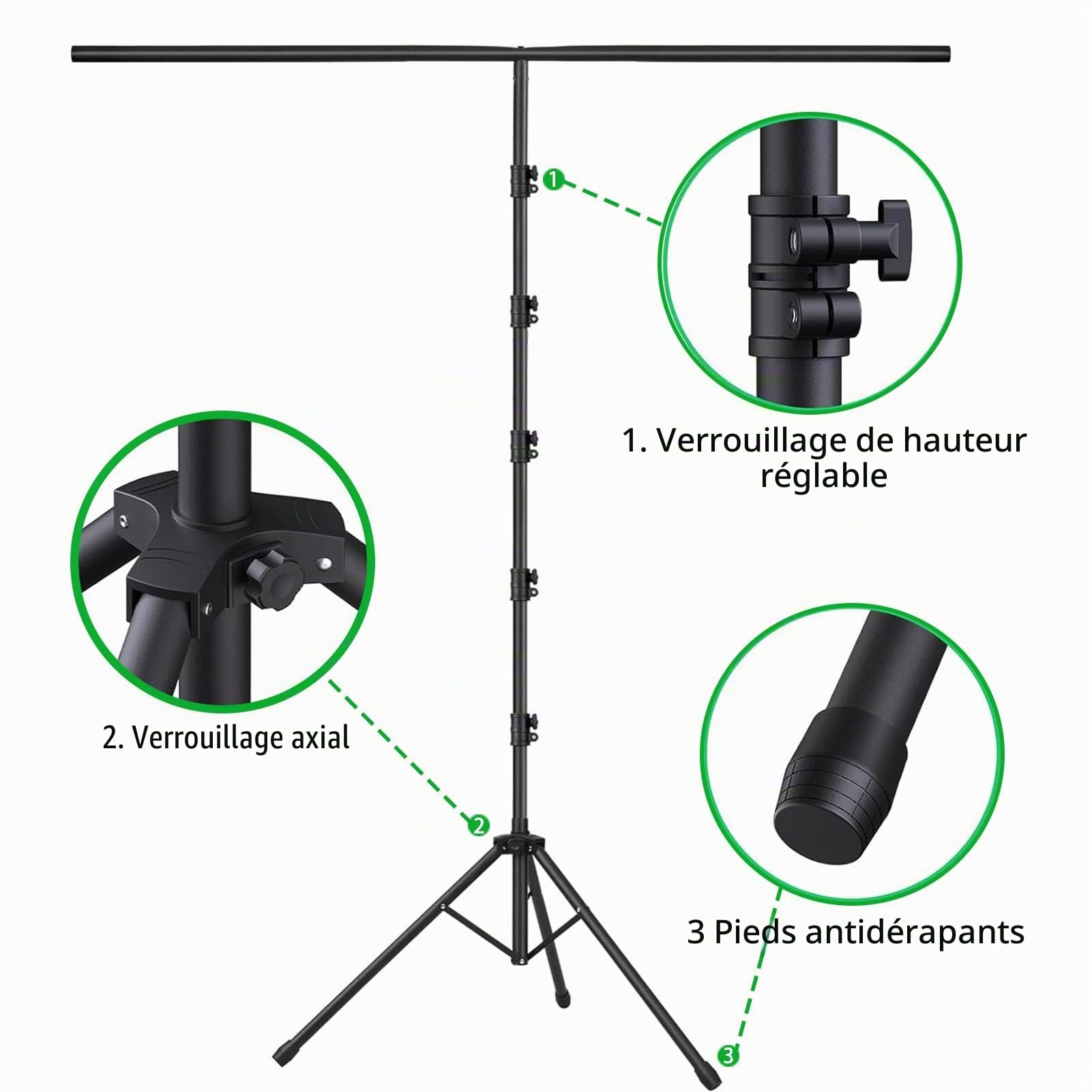 Kit de support Green Screen Backdrop - Toile de fond portable pour écran vert de 5 x 6,5 m avec support en forme de T et 5 clips pour le streaming, le jeu, le zoom