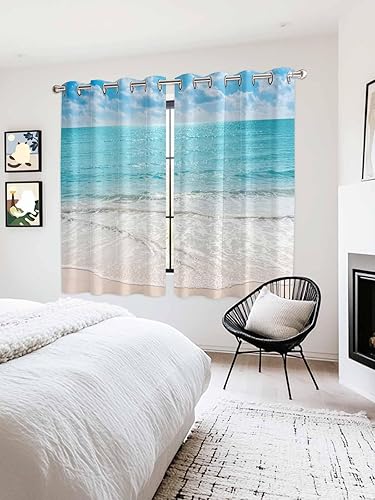 Miniatura 4 de T&H XHome Cortinas tropicales, playa exótica con cielo vívido y isla del océano, cortina de ventana, 2 paneles para puerta corrediza de cristal,